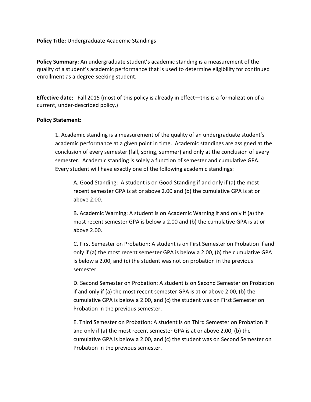 Policy Title: Undergraduate Academic Standings