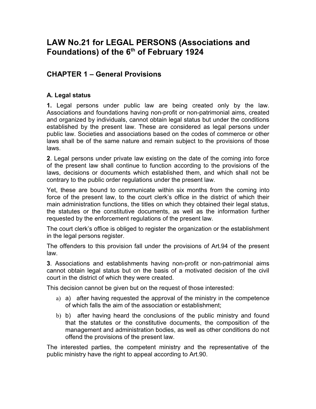 LAW No.21 for LEGAL PERSONS (Associations and Foundations) of the 6Th of February 1924