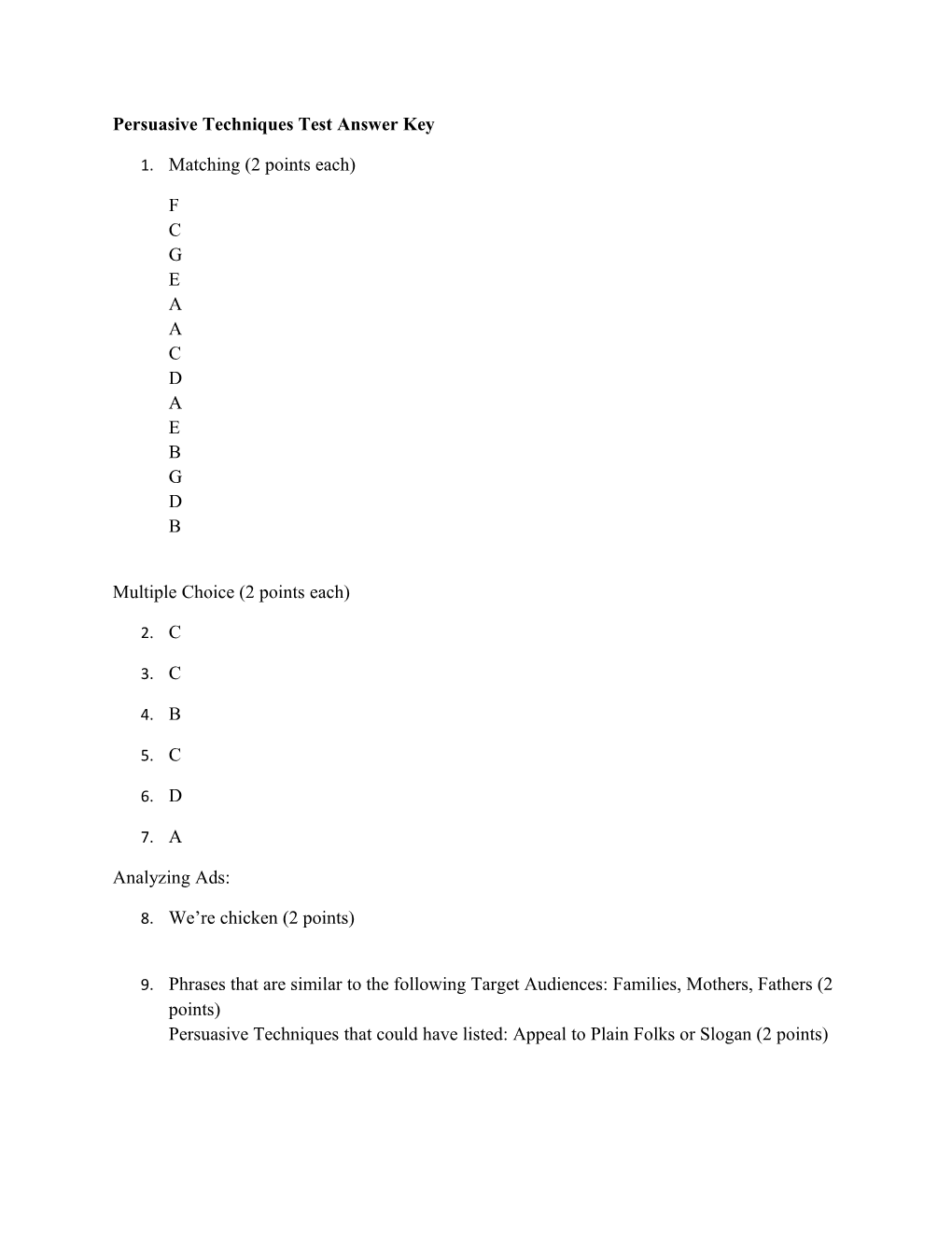 Persuasive Techniques Test Answer Key