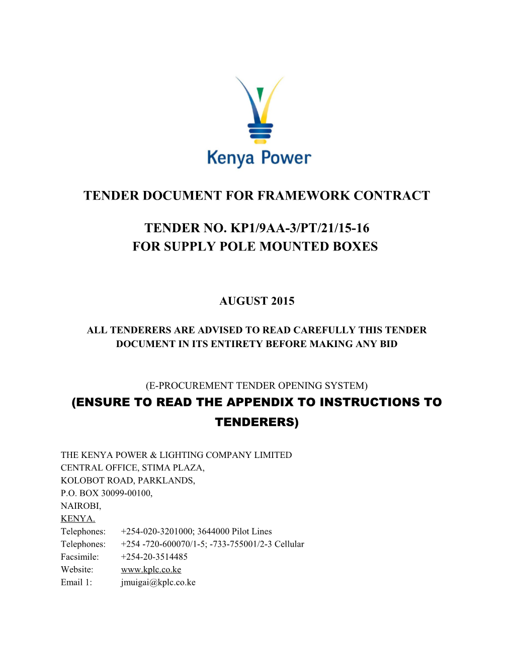 Tender Document for Framework Contract