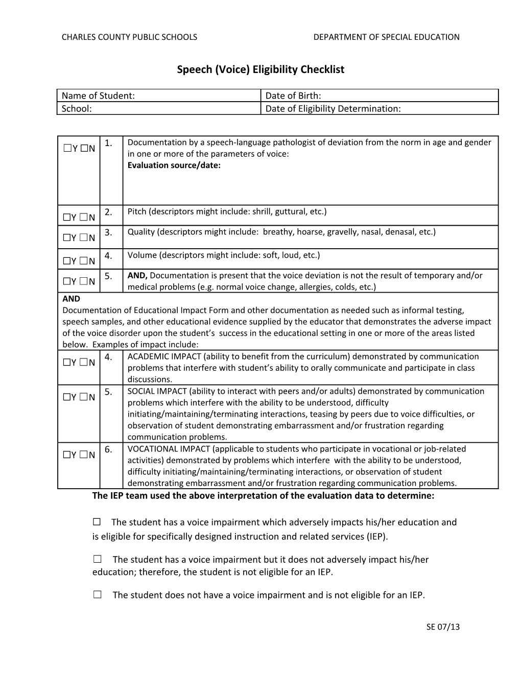 Charles County Public Schools Department of Special Education