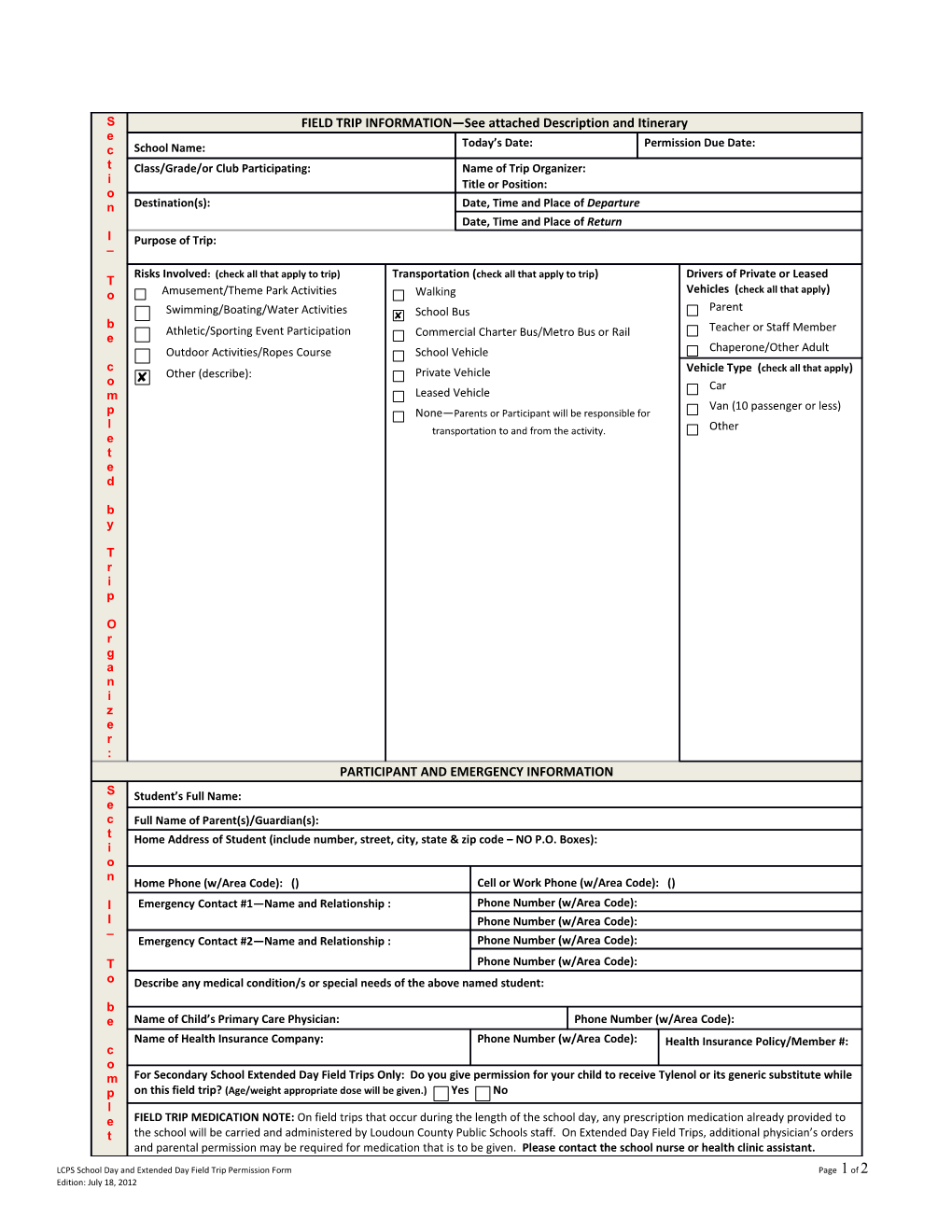 LCPS School Day and Extended Day Field Trip Permission Form Page 1 of 2