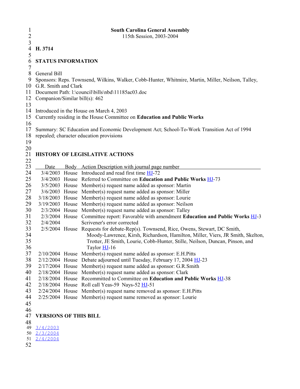 2003-2004 Bill 3714: SC Education and Economic Development Act; School-To-Work Transition