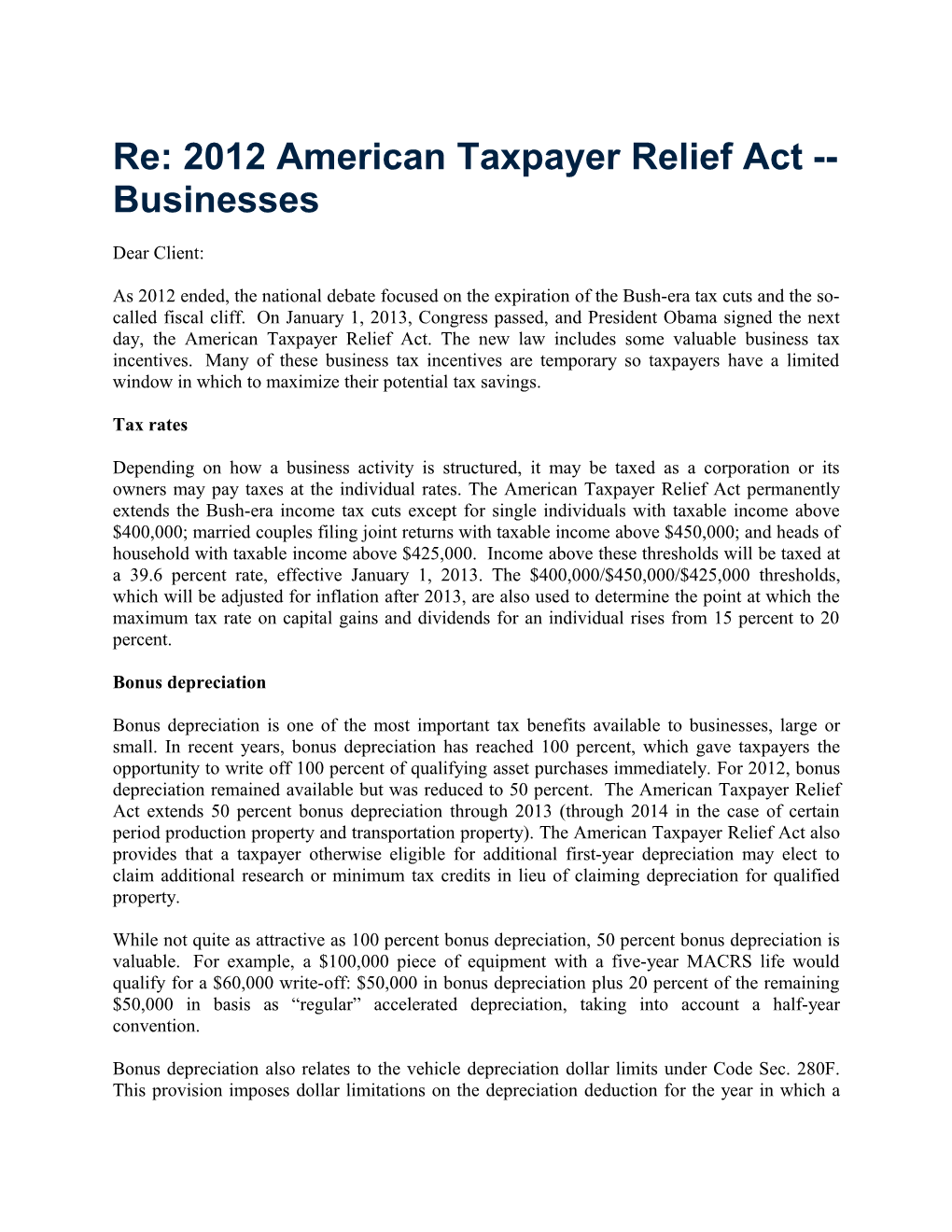 Re: 2012 American Taxpayer Relief Act Businesses