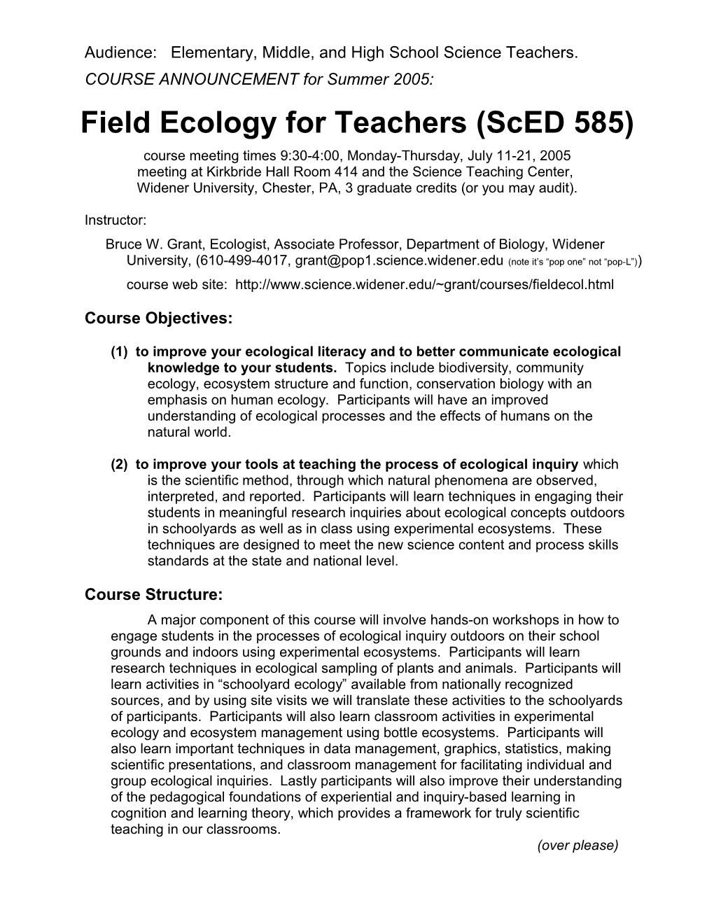 Syllabus, ED588, Field Ecology for Teachers, July 10-20, 1995