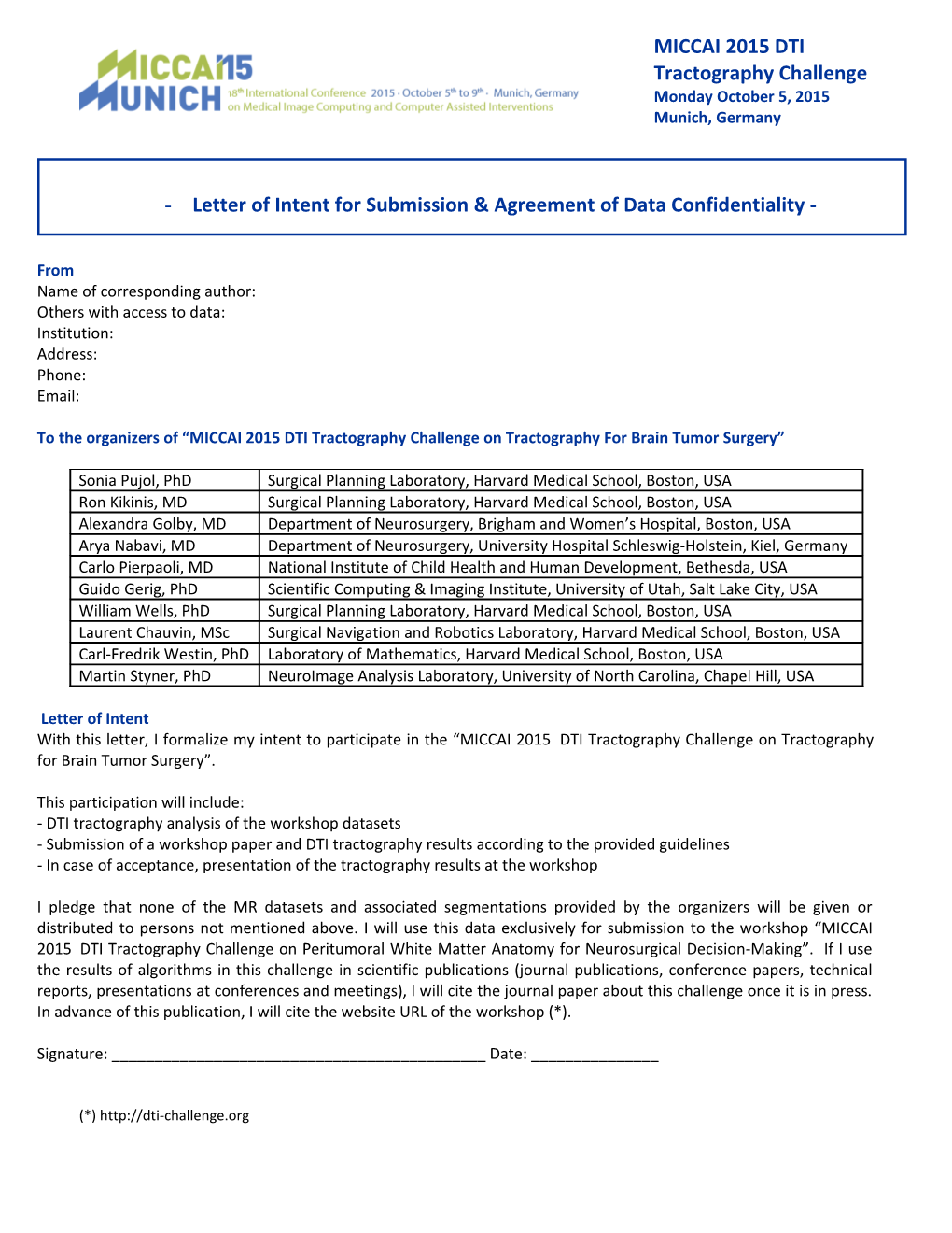 Letter of Intent for Submission & Agreement of Data Confidentiality