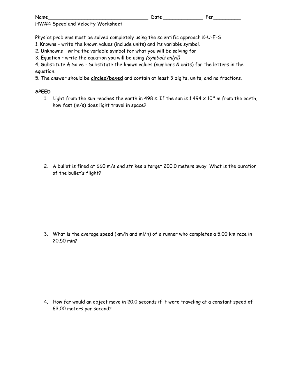 HW#4 Speed and Velocity Worksheet