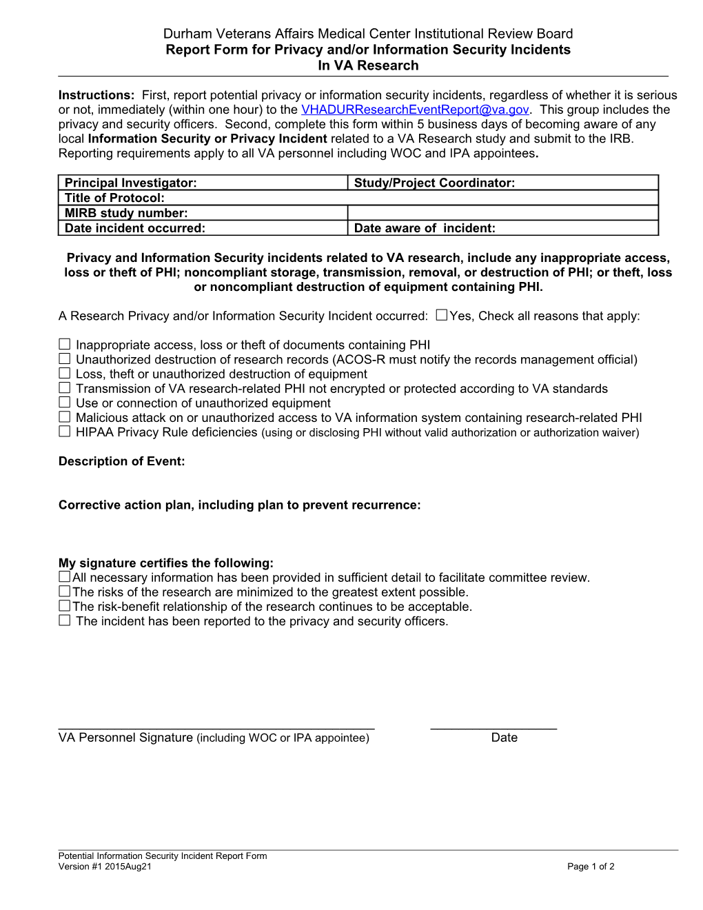 Report Form for Privacy And/Or Information Security Incidents