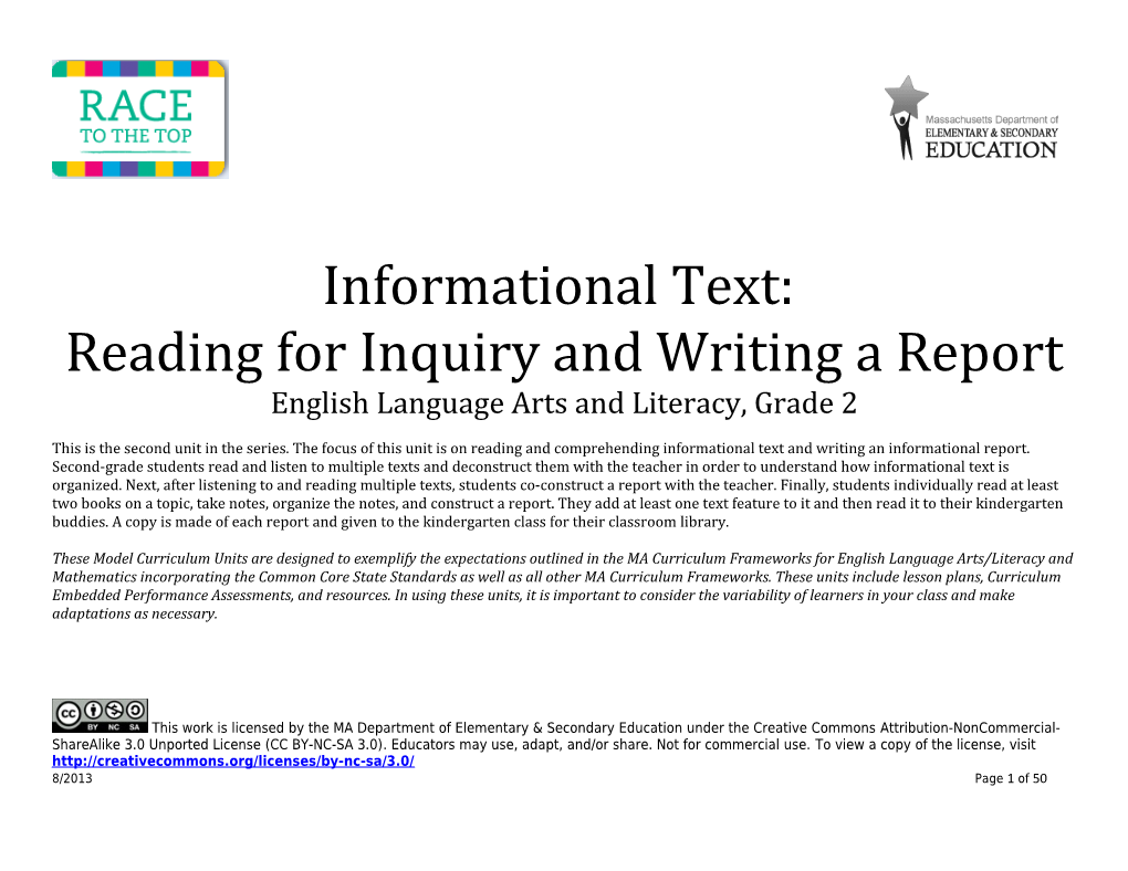 ELA Grade 2 Informational Text and Report Writing - Model Curriculum Unit