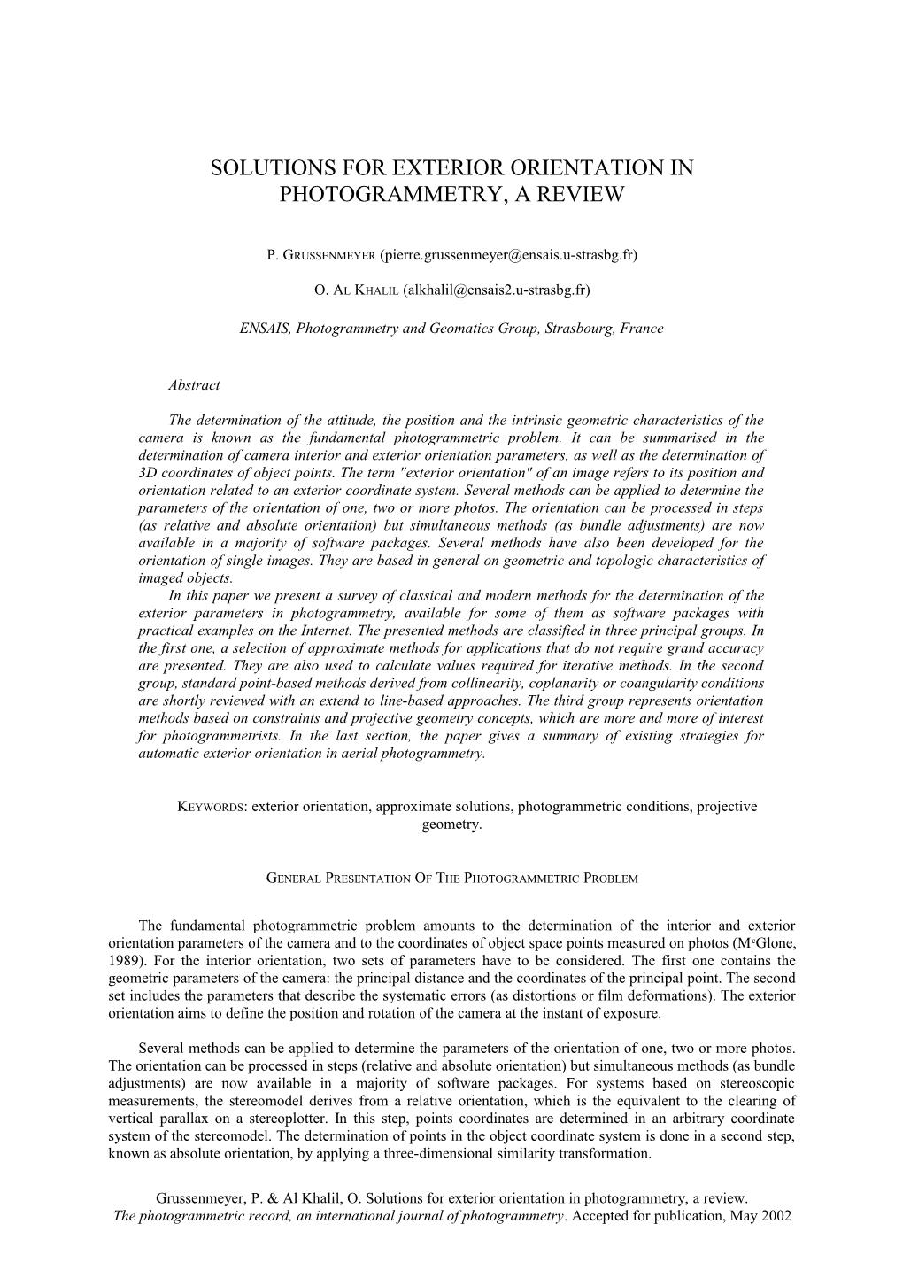 Solutions for Exterior Orientation in Photogrammetry, a Review