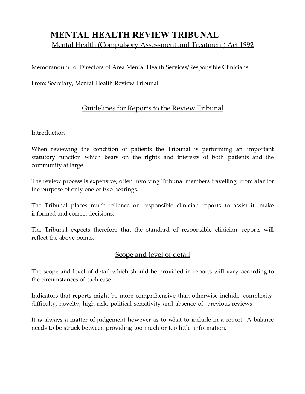 MHRT Memorandum To: Directors of Area Mental Health Services/Responsible Clinicians