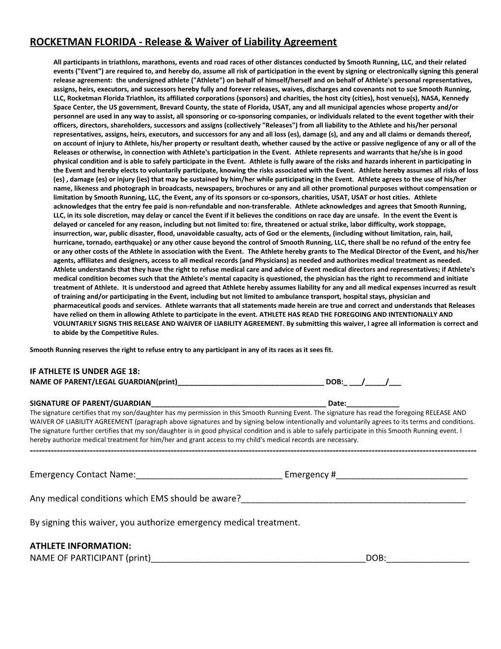 ROCKETMAN FLORIDA - Release & Waiver of Liability Agreement