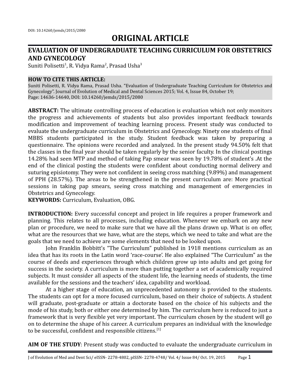 Evaluation of Undergraduate Teaching Curriculum for Obstetrics and Gynecology