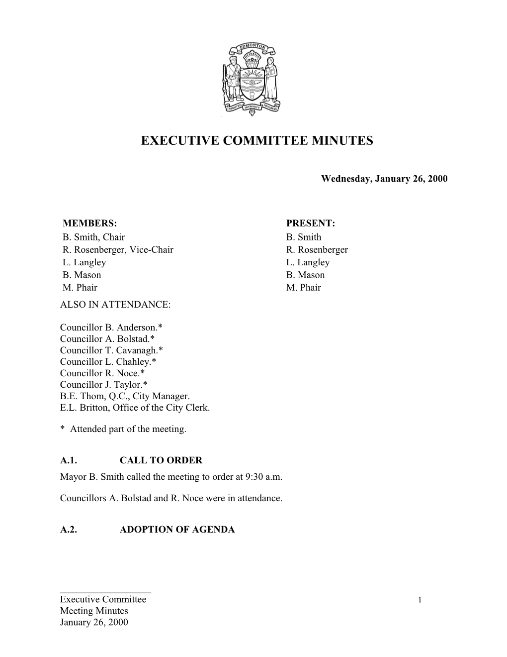 Minutes for Executive Committee January 26, 2000 Meeting