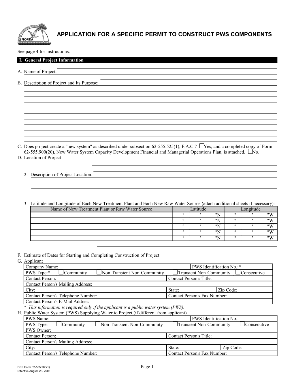 Application for a Specific Permit to Construct Pws Components