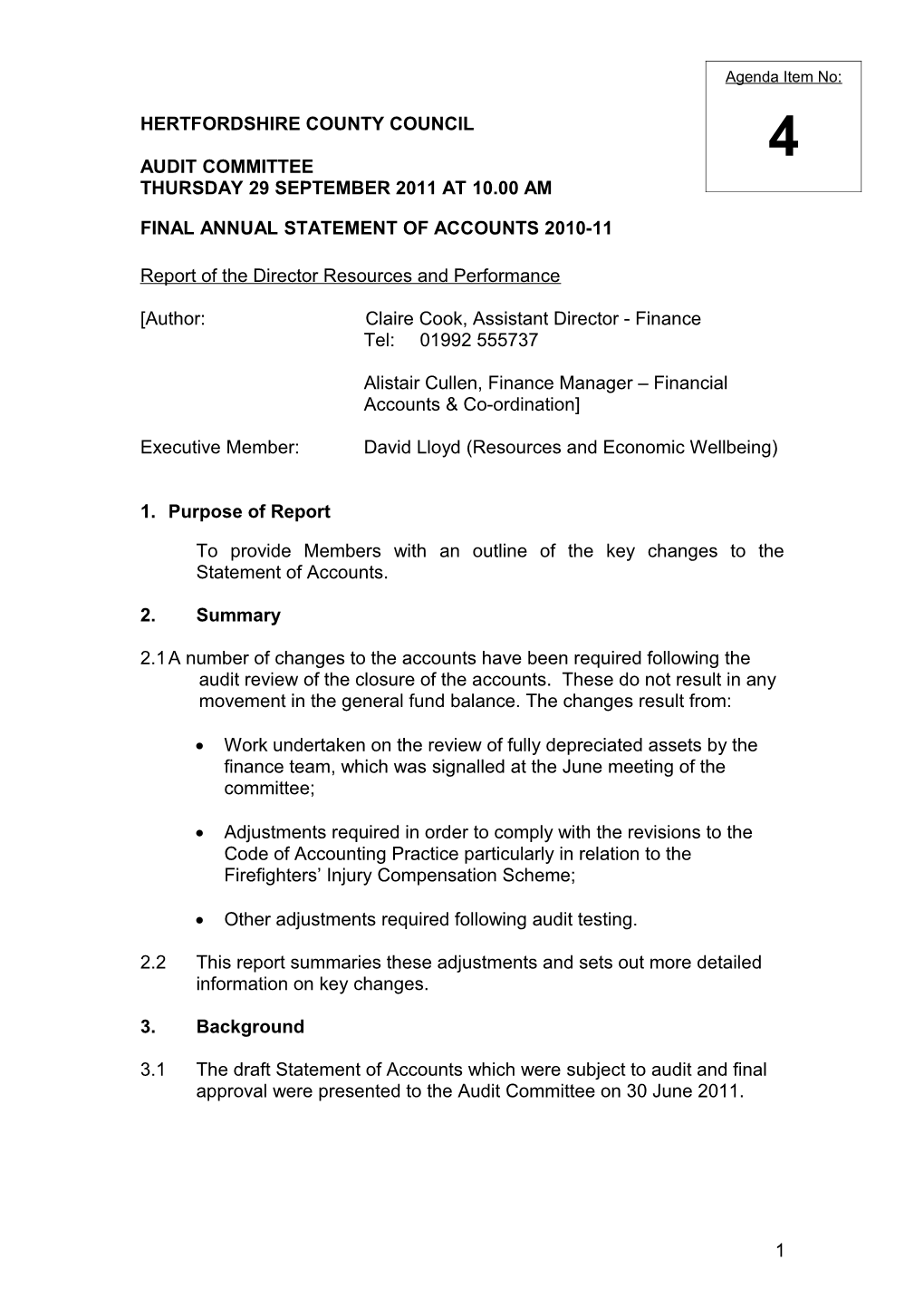Audit Committee - Thursday 28 October 2010 at 10.00Am Item 2A - Final Annual Statement