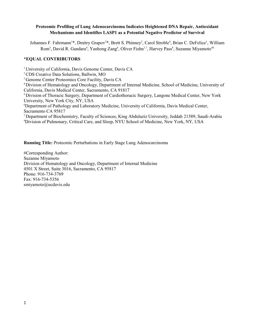 Proteomic Profiling of Lung Adenocarcinoma Indicates Heightened DNA Repair, Antioxidant