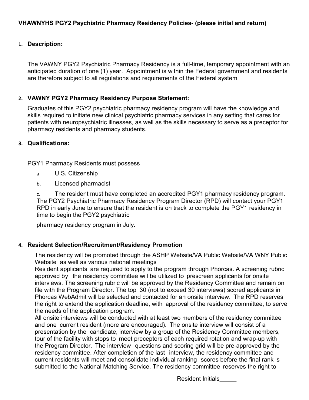 VHAWNYHS PGY2 Psychiatric Pharmacy Residencypolicies- (Please Initial and Return)