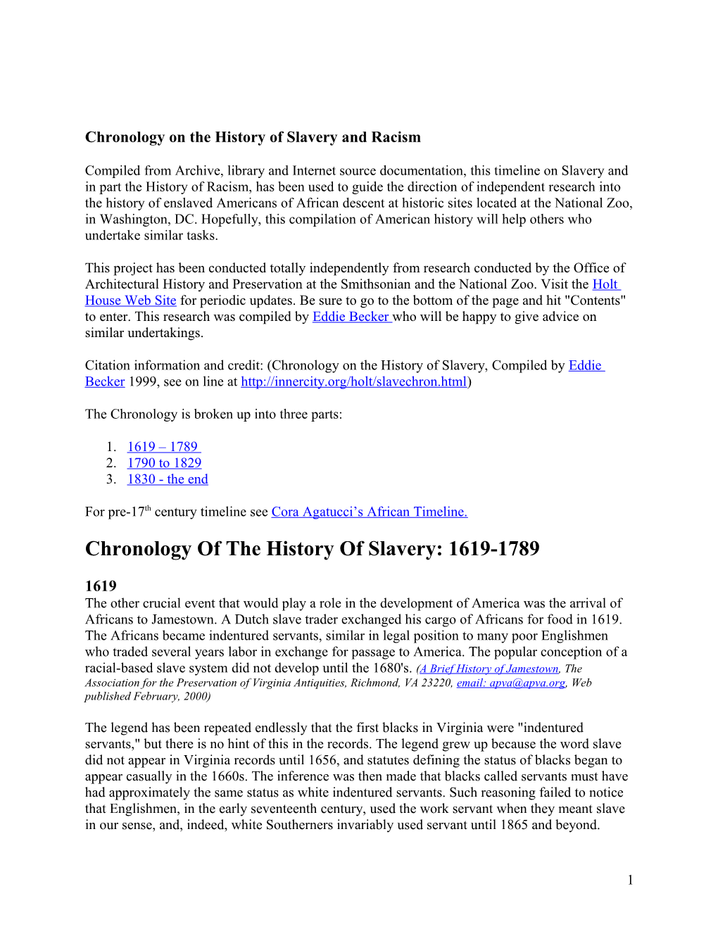 Chronology on the History of Slavery and Racism