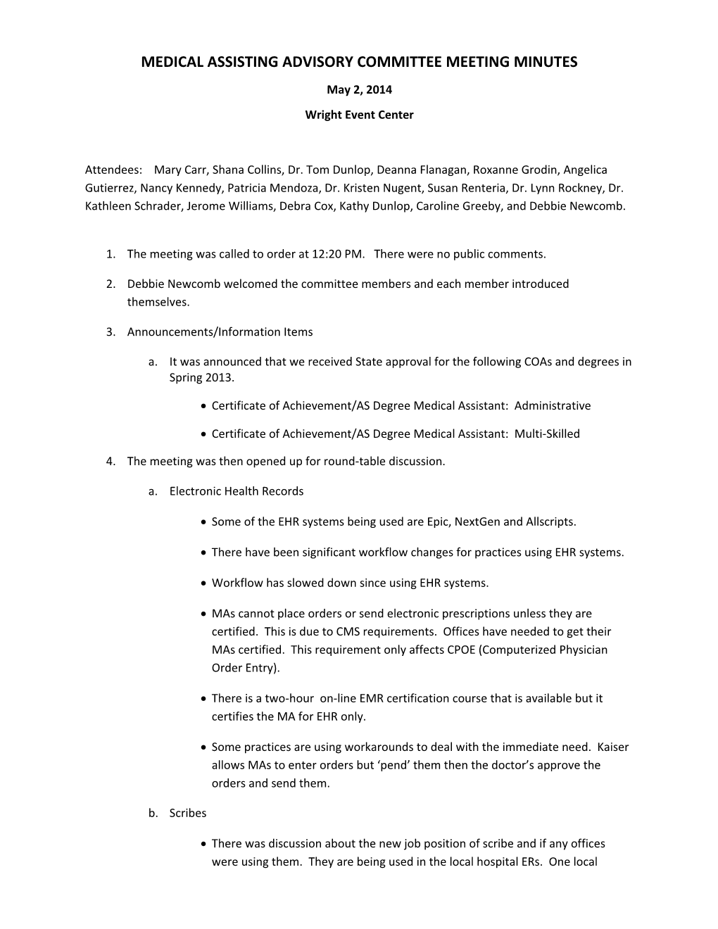 Medical Assisting Advisory Committee Meeting Minutes