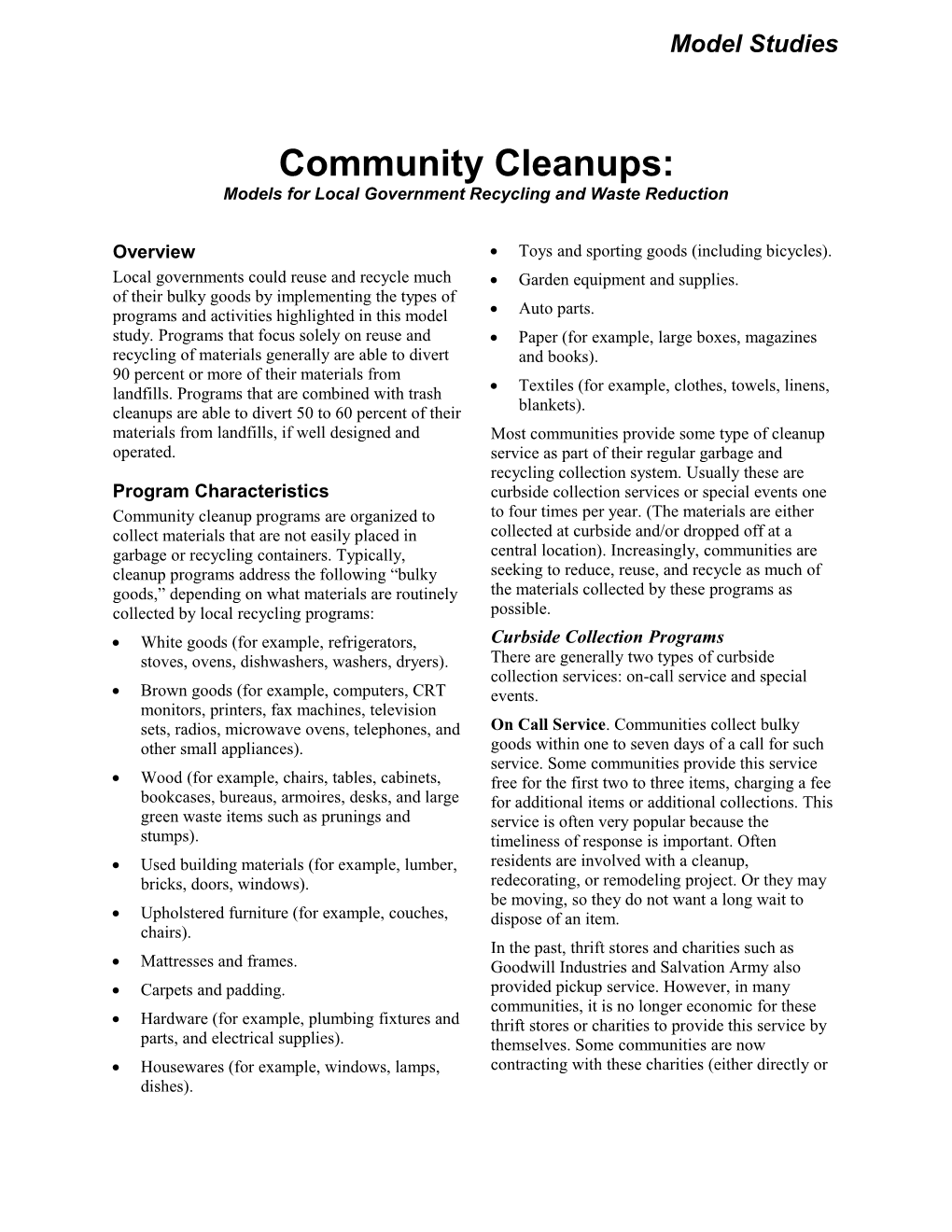 Community Cleanups: Models for Local Government Recycling and Waste Reduction