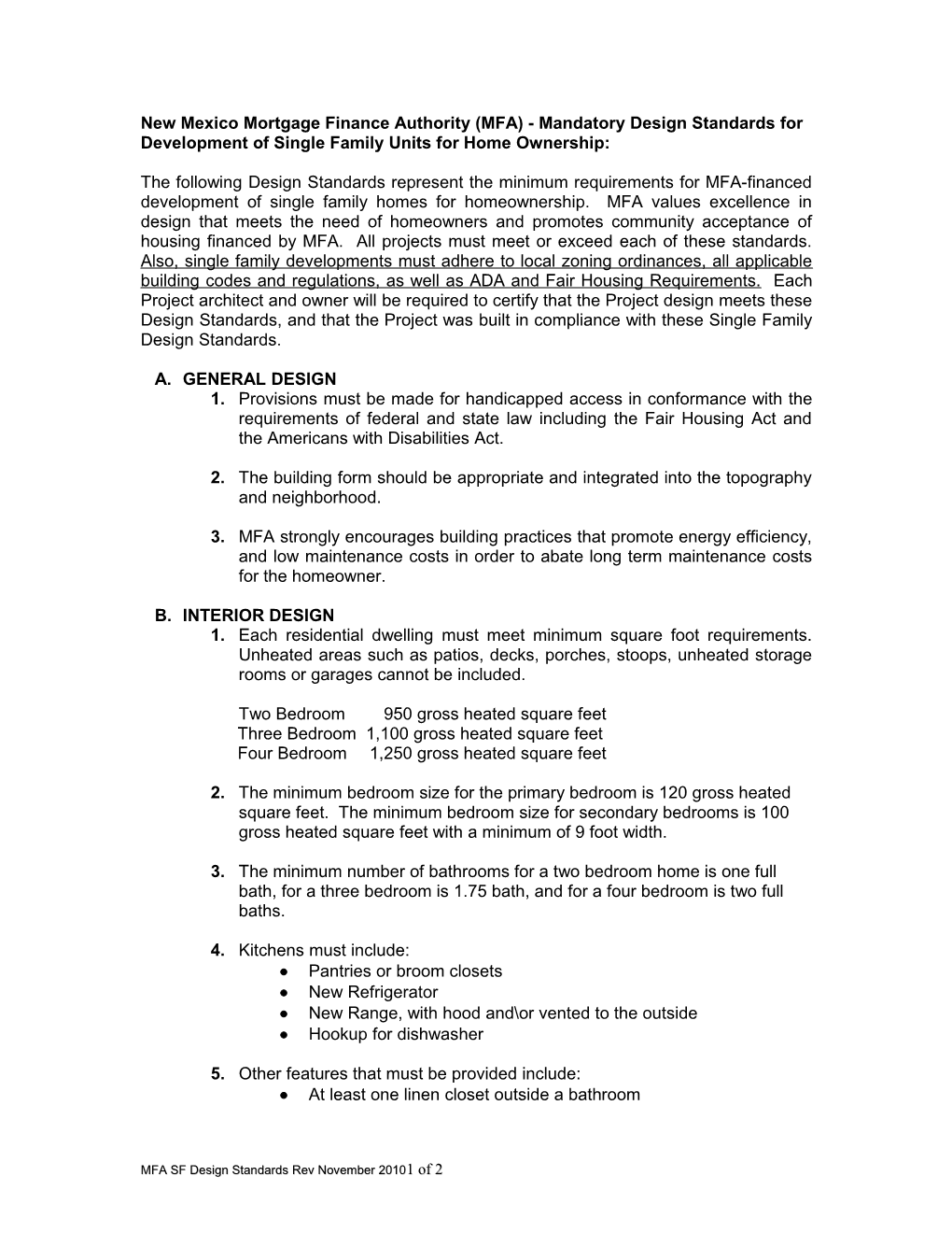 NM MFA 2006 Mandatory Design Standards for Single Family Homeownership