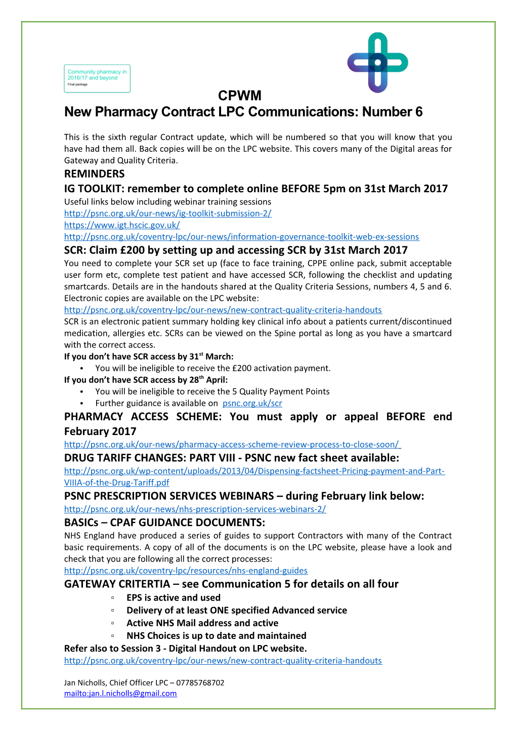 New Pharmacy Contract LPC Communications: Number 6