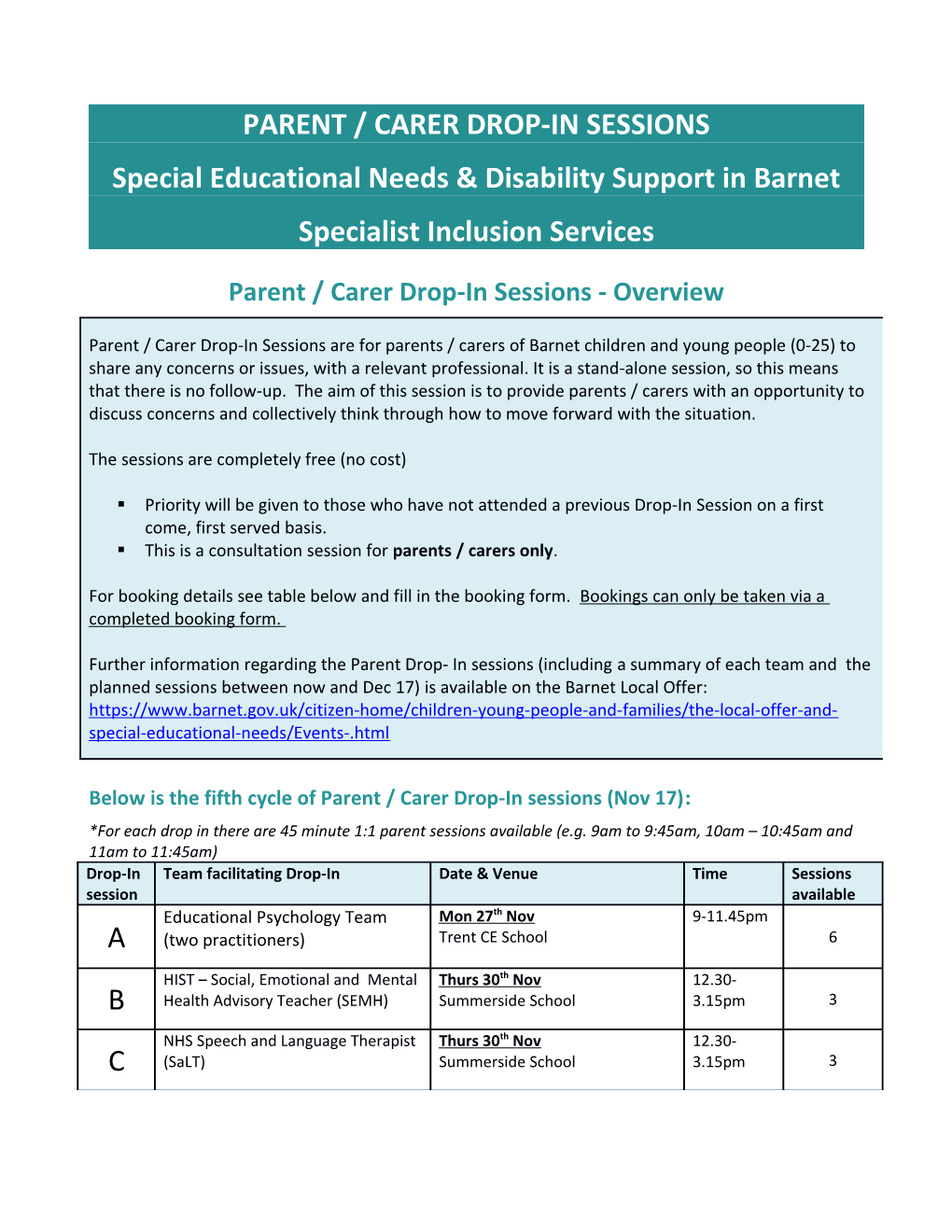 Parent / Carer Drop-In Sessions