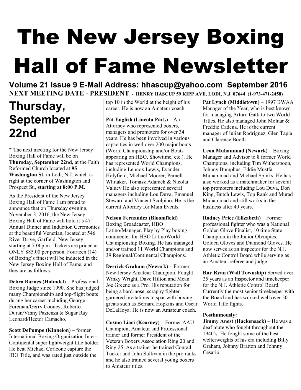 The New Jersey Boxing Hall of Fame Newsletter