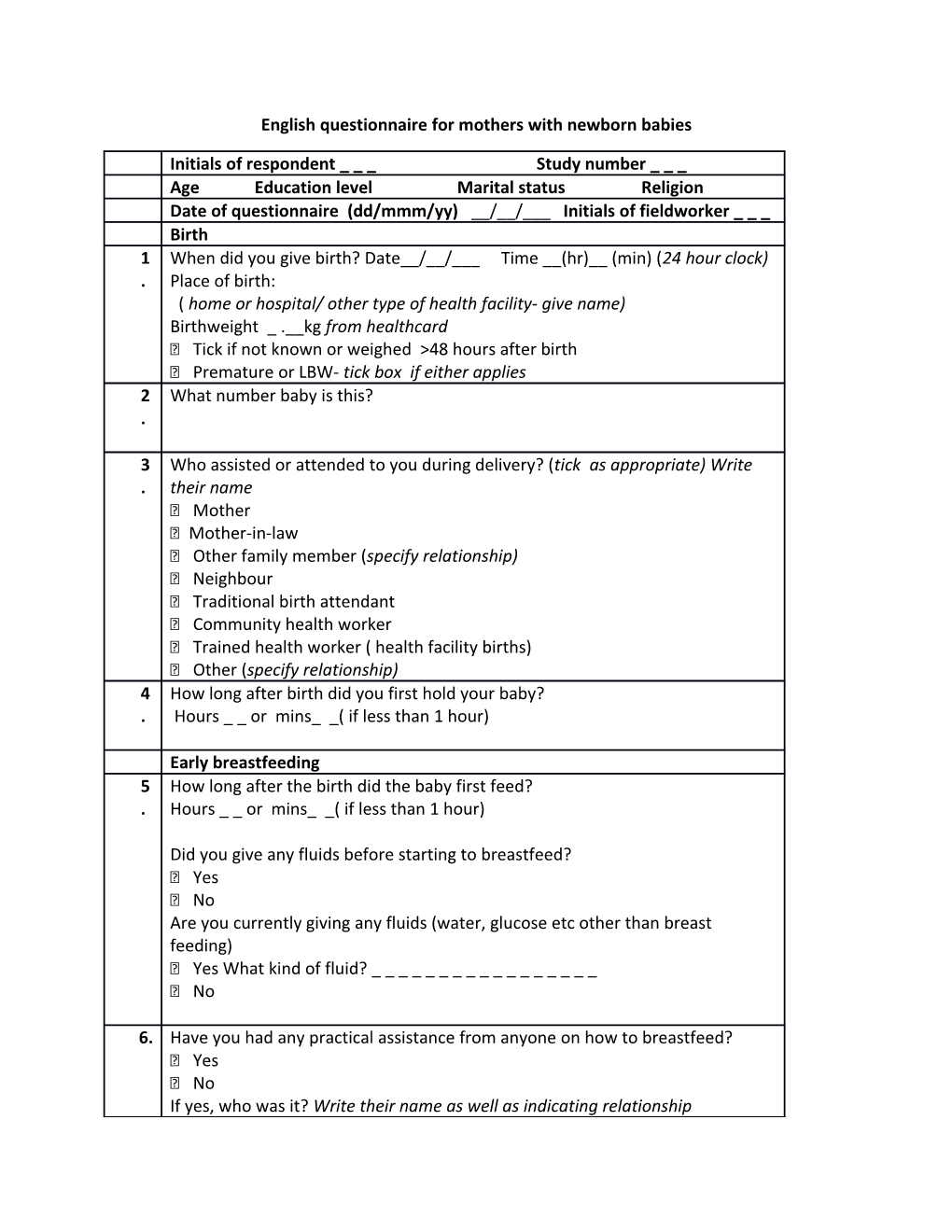 English Questionnaire for Mothers with Newborn Babies