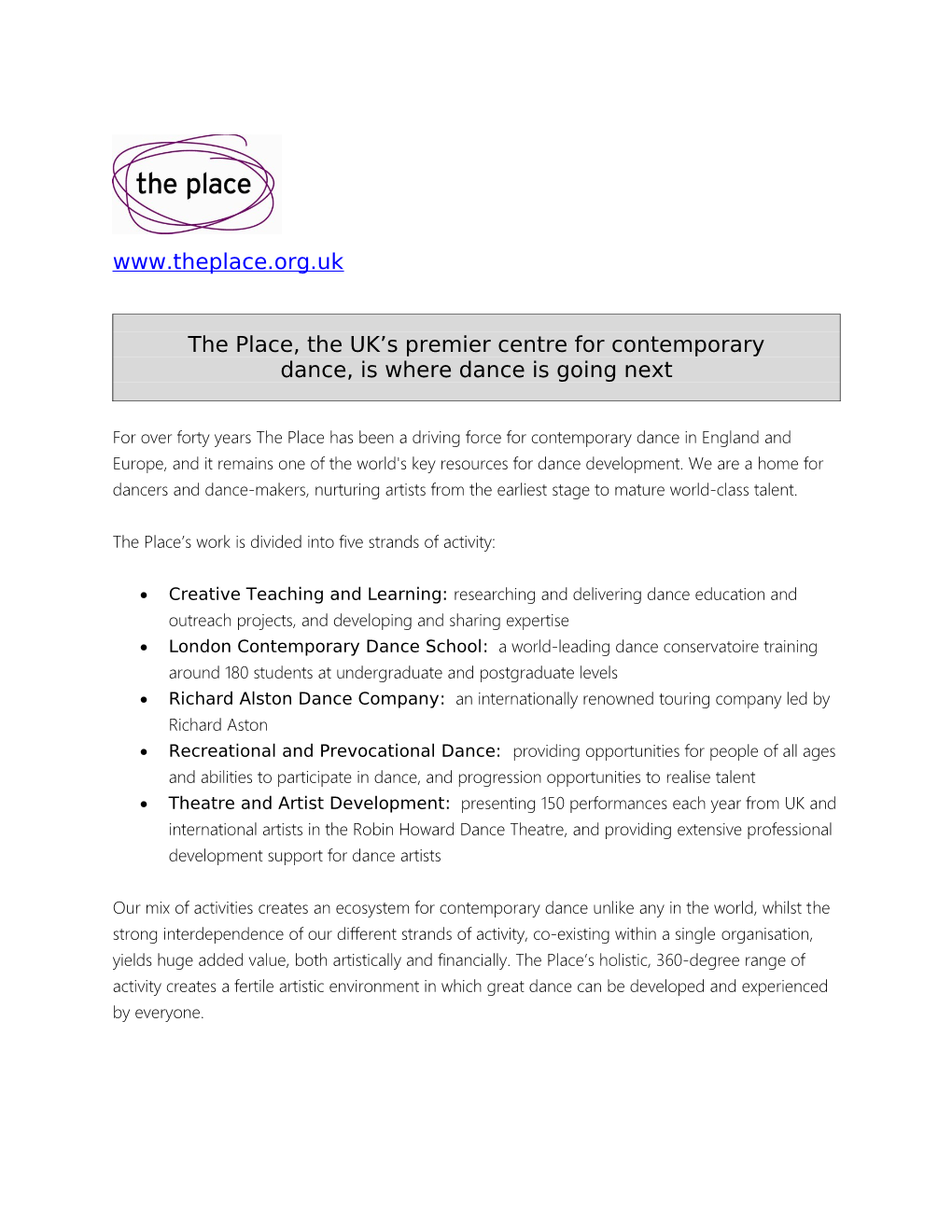 The Place, the UK S Premiercentre for Contemporary