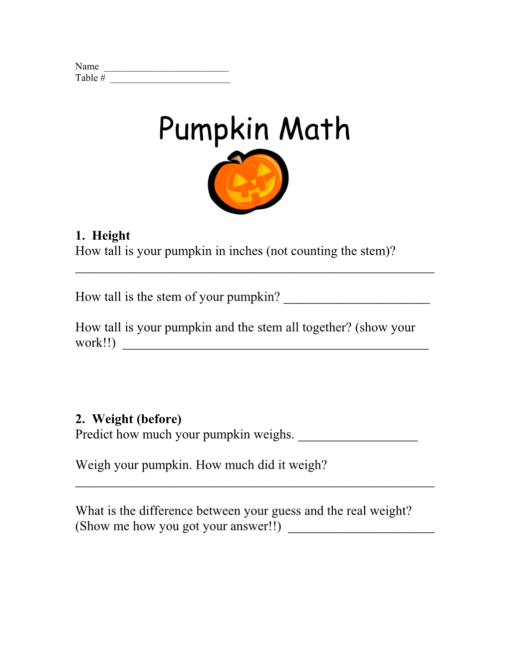 How Tall Is Your Pumpkin in Inches (Not Counting the Stem)? ______