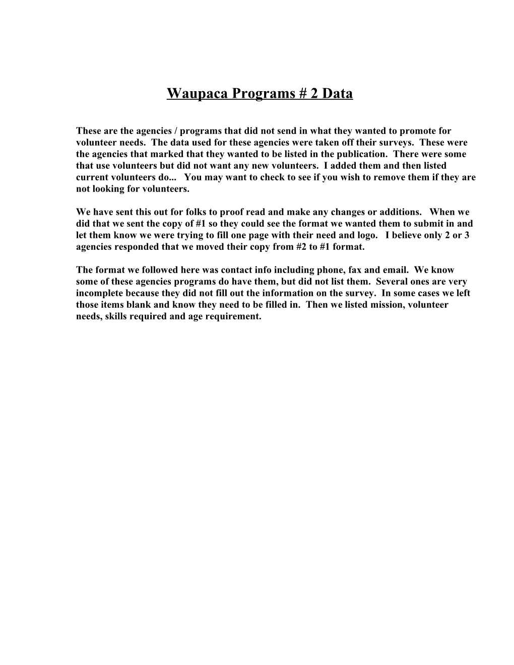 Waupaca Programs # 2 Data