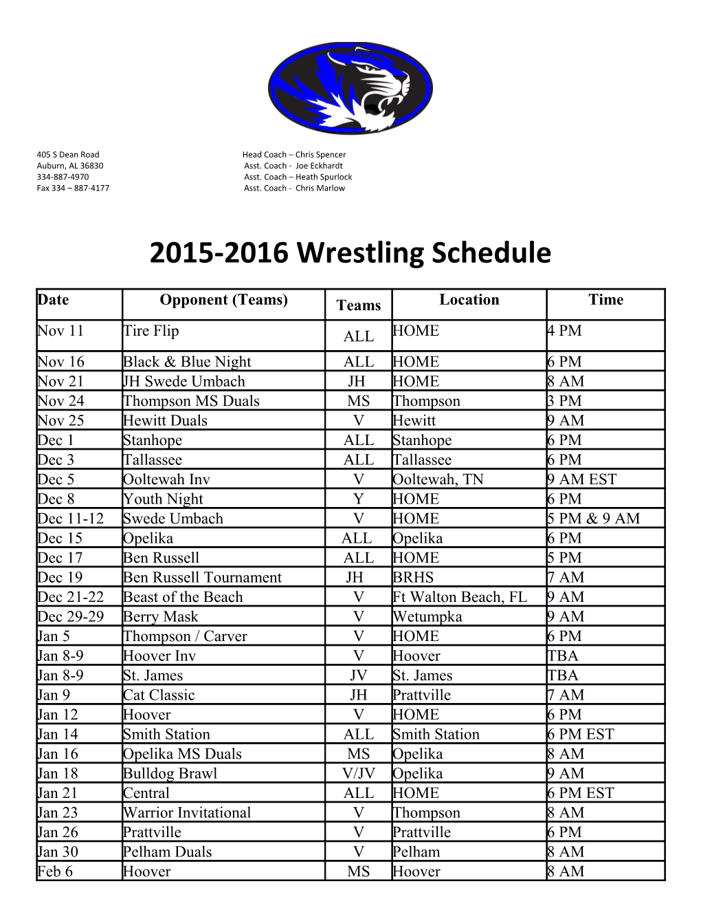 2015-2016 Wrestling Schedule