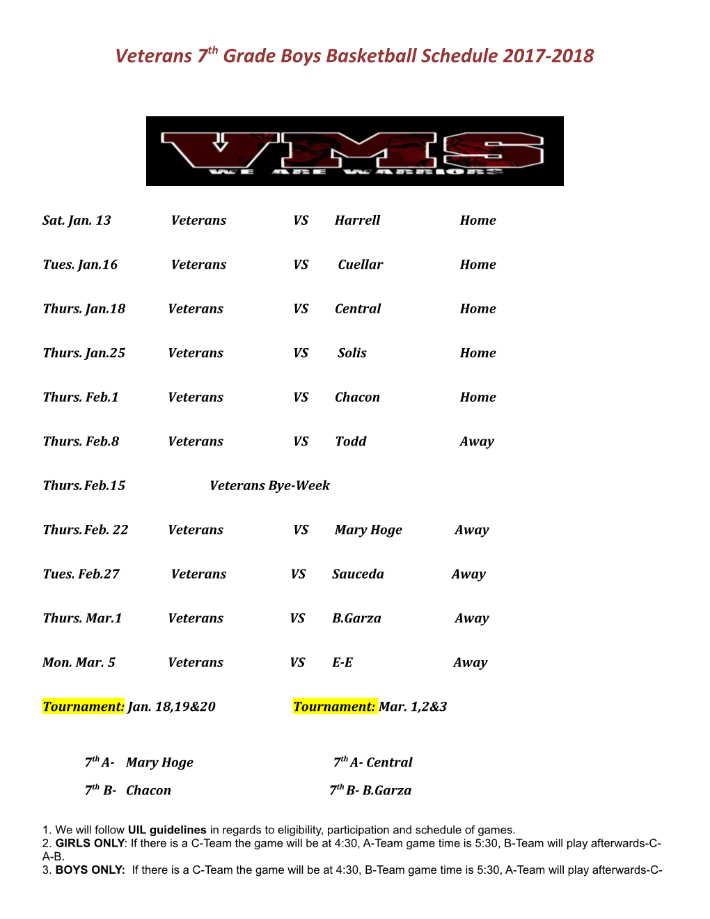 Veterans 7Th Grade Boys Basketball Schedule 2017-2018