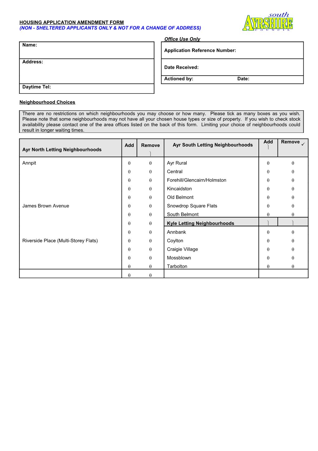 Non - Sheltered Applicants Only & Not for a Change of Address