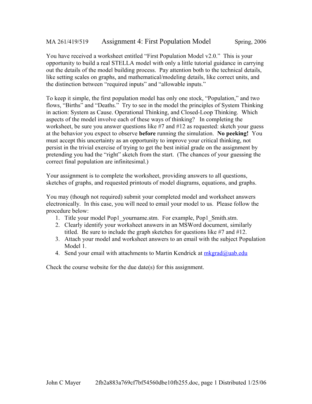 MA 261/419/519 Assignment 4: First Population Model Spring, 2006