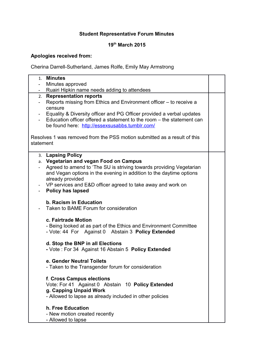 Student Representative Forum Minutes