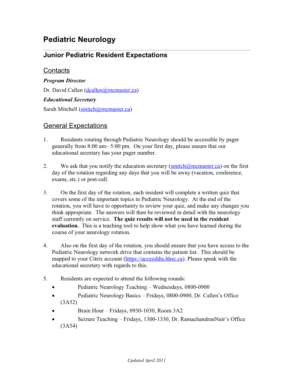 Junior Pediatric Resident Expectations