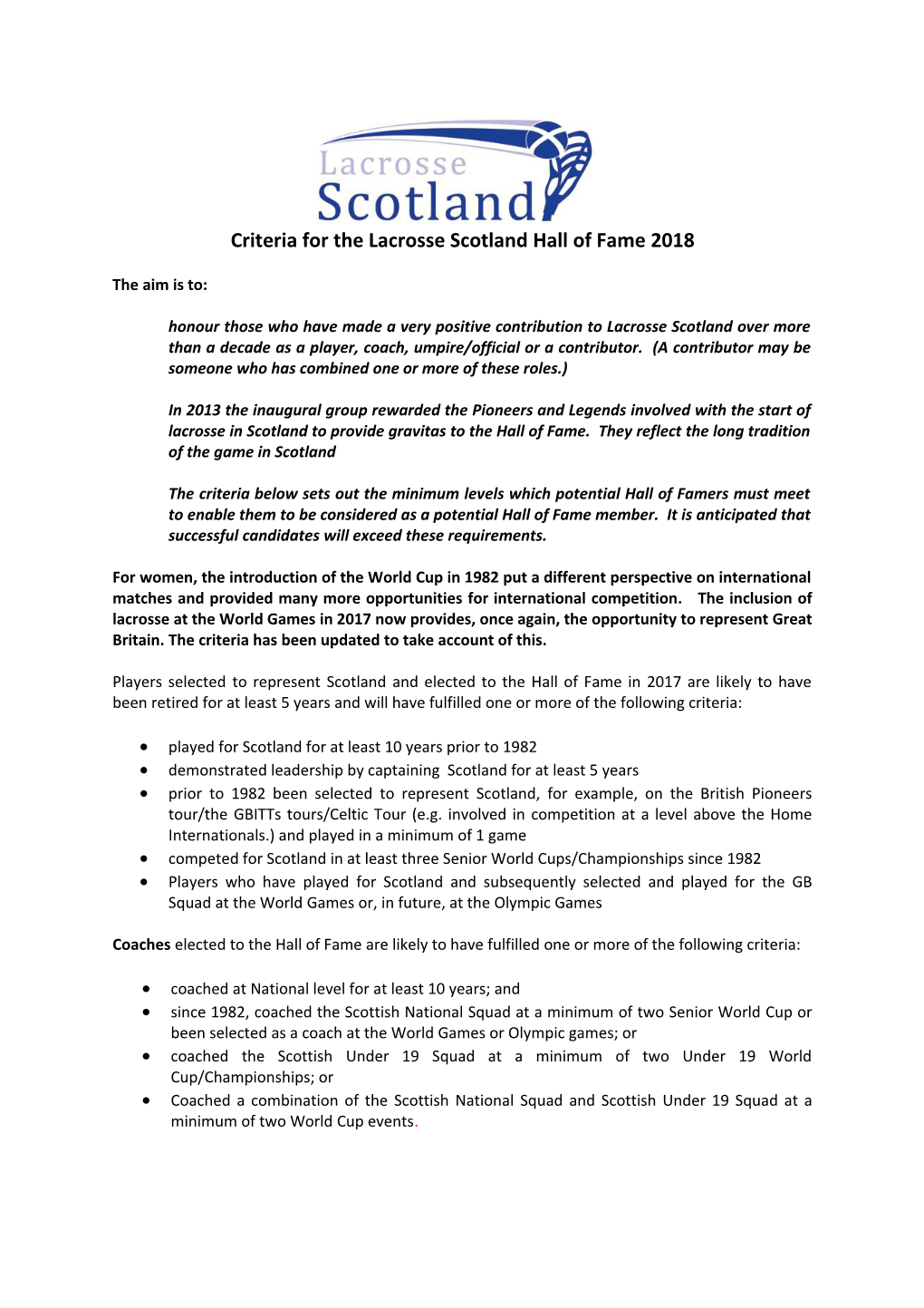 Criteria for the Lacrosse Scotland Hall of Fame 2018