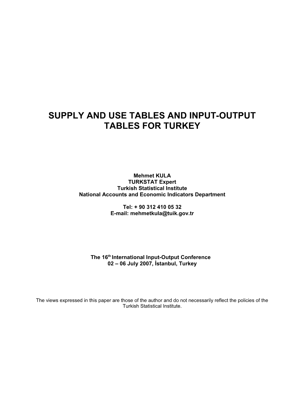 Supply and Use Tables for Turkey