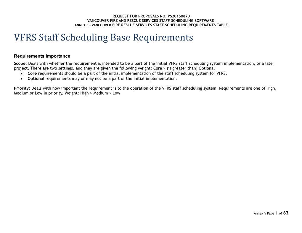 ANNEX 5 VANCOUVER Fire Rescue Services Staff SCHEDULING REQUIREMENTS Table