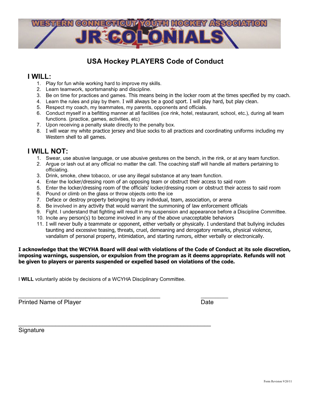 USA Hockey Code of Conduct Agreement