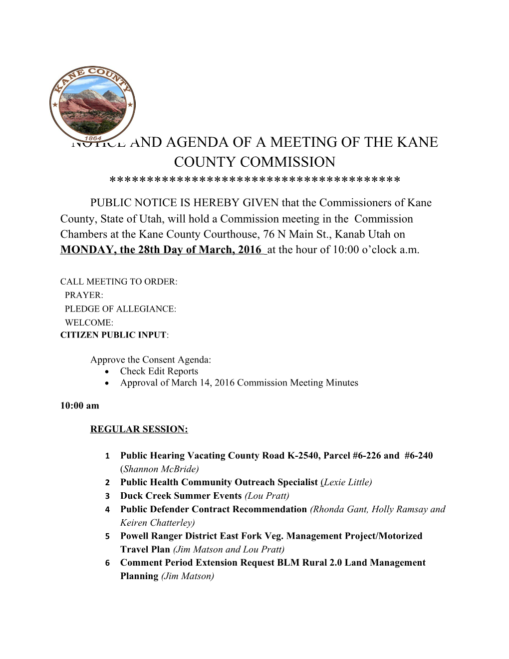 Notice and Agenda of a Meeting of the Kane County Commission