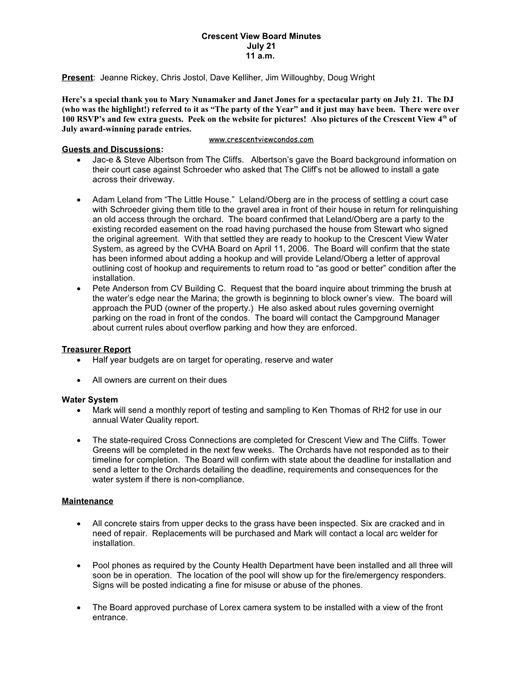 Crescent View Board Minutes