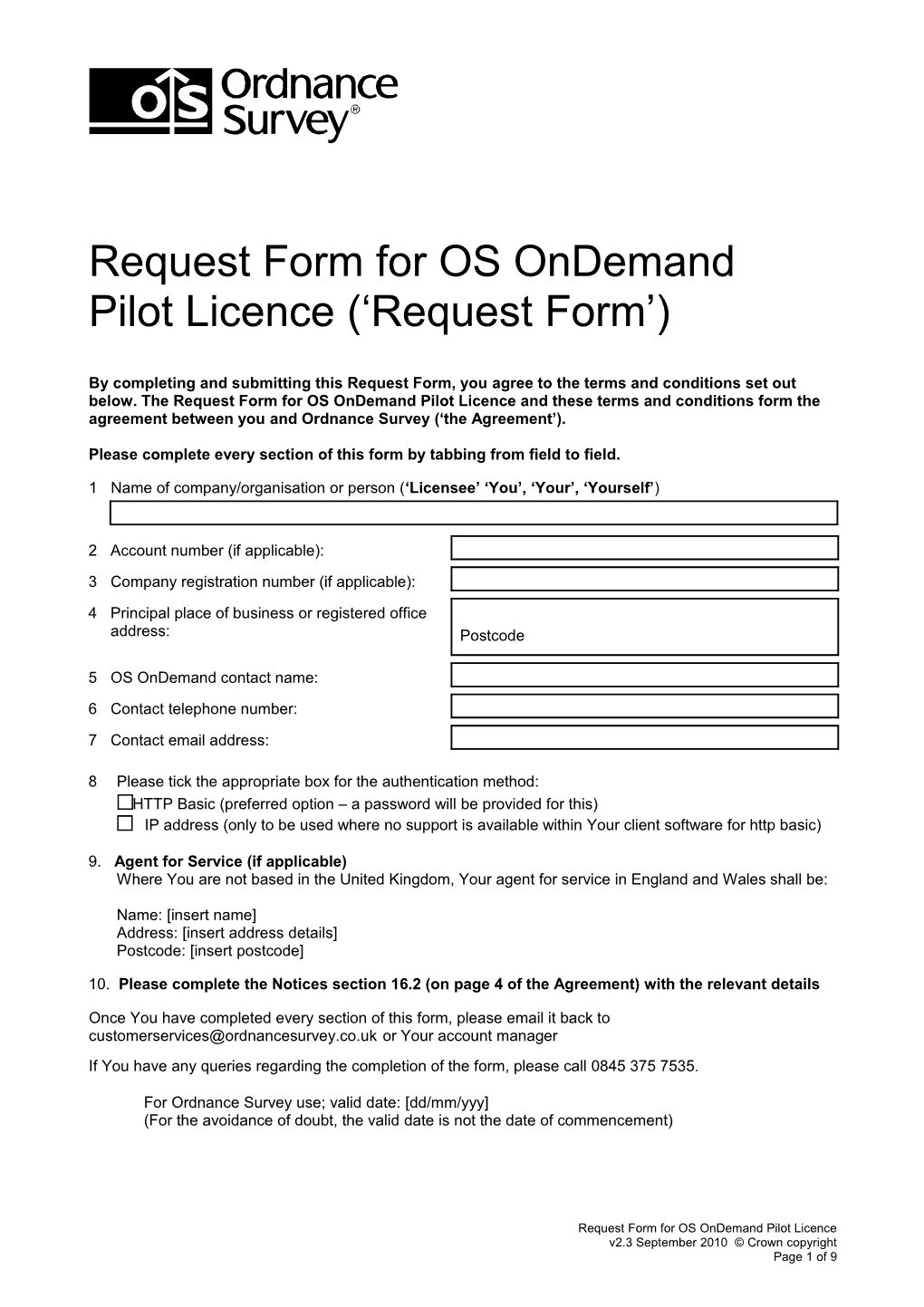 Request Form for OS Ondemand Pilot Licence
