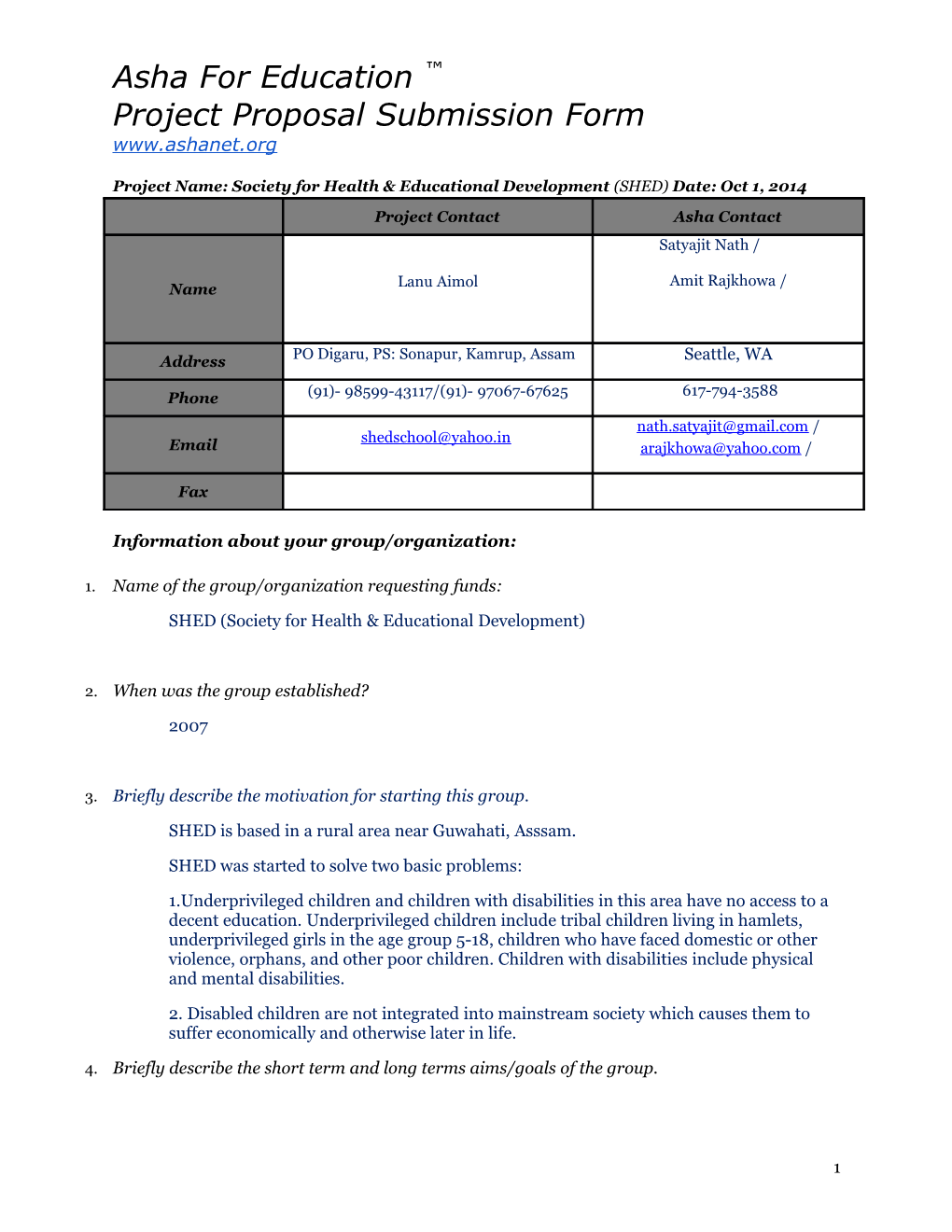 Asha Generic Application Form