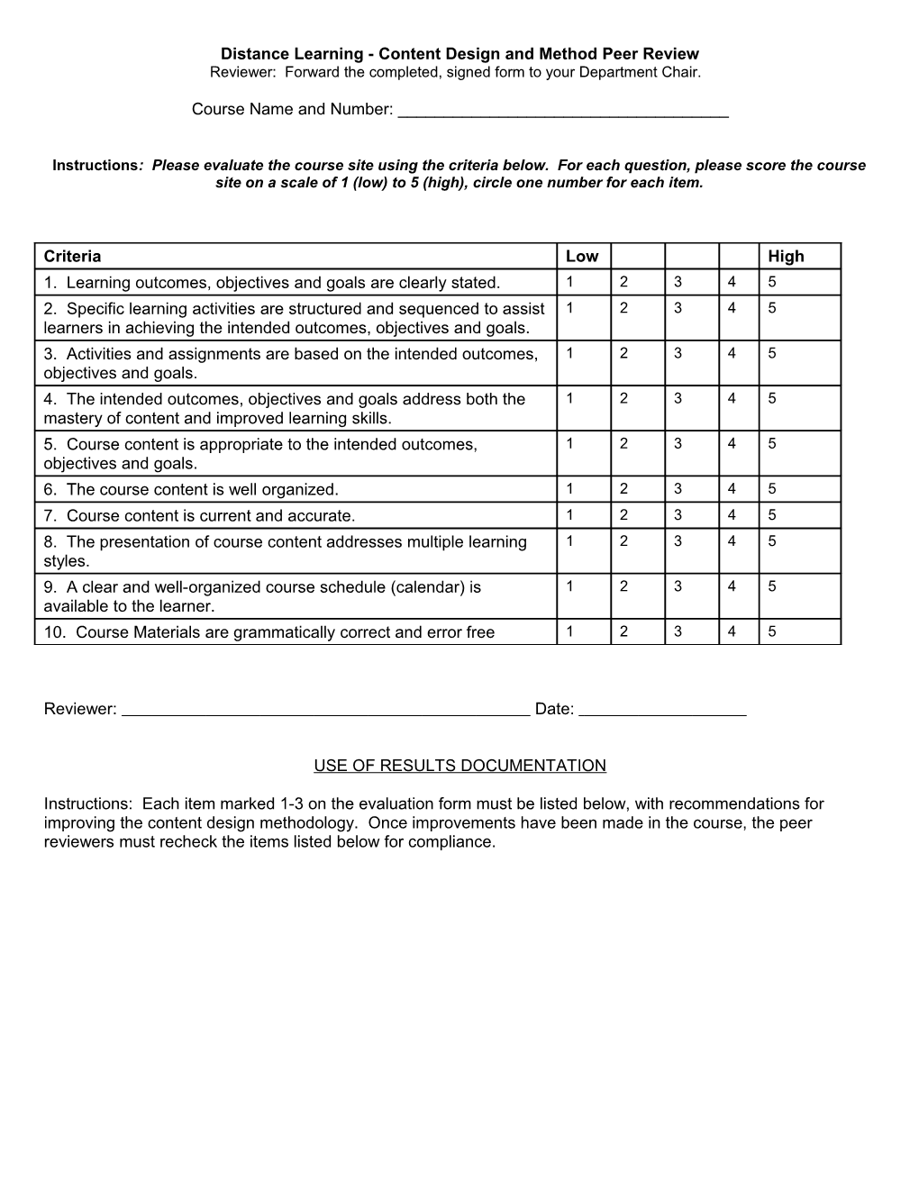 Distance Learning Technical Review Evaluation Sheet