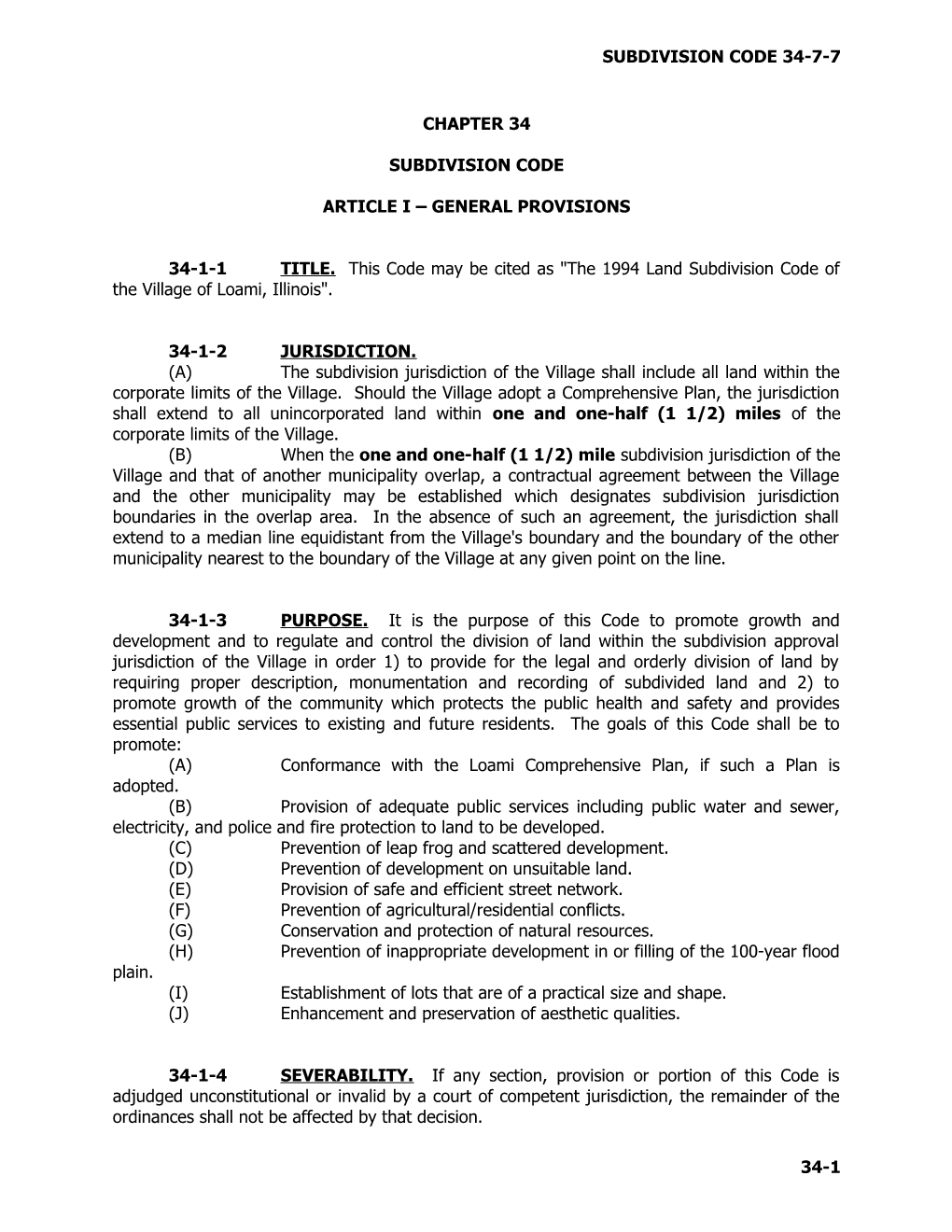 Subdivision Code Article I General Provisions