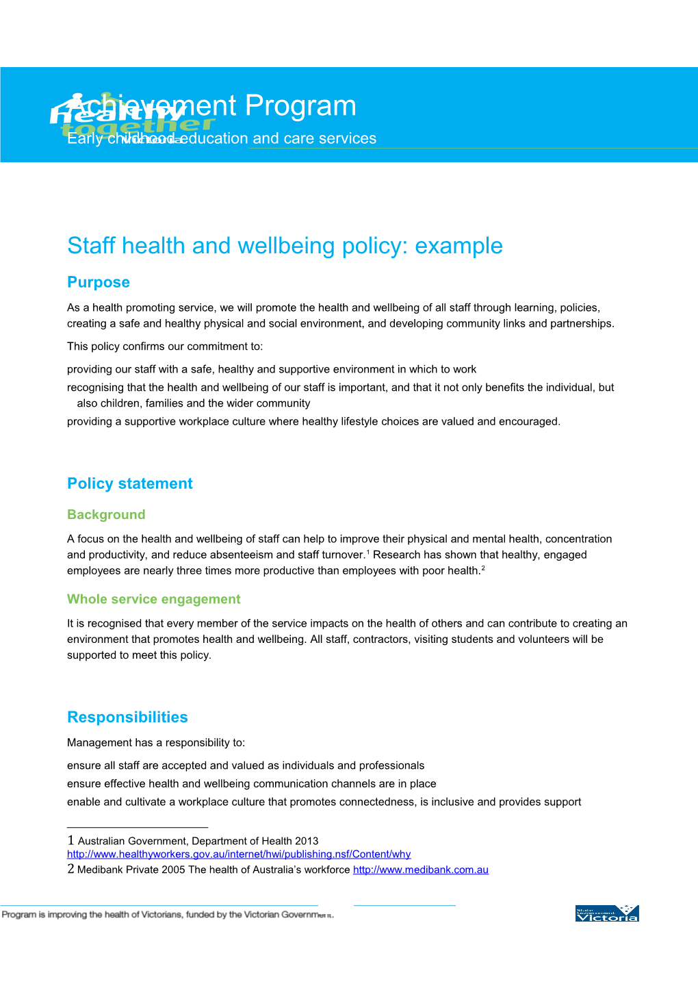 ECEC Staff Health and Wellbeing Policy Example